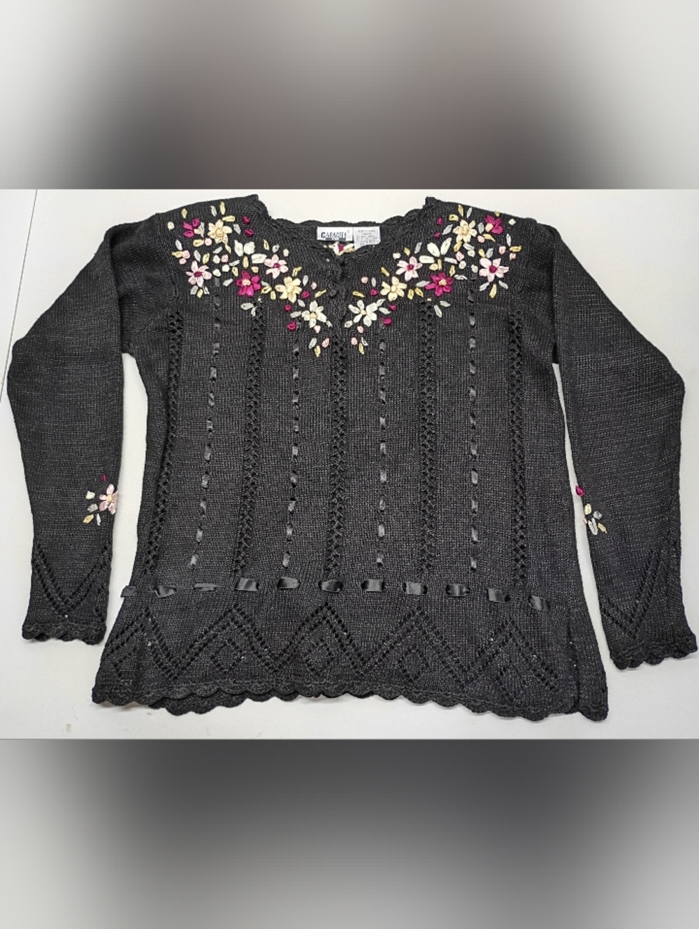 Vintage CAPACITY Petite Women's Knit Sweater Sz L Ribboned Floral Black